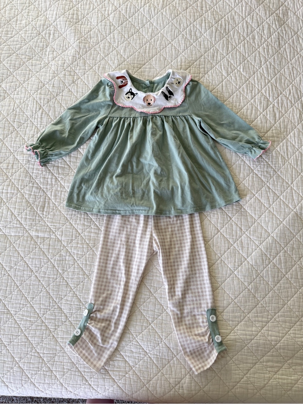 Girls' Sage Green Two-Piece Set with Puppies Collar